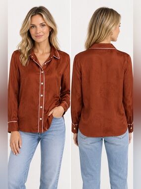 Untitled in Motion Rust Manifest Top M Cupro Tencel Satin Rust Pajama Blouse